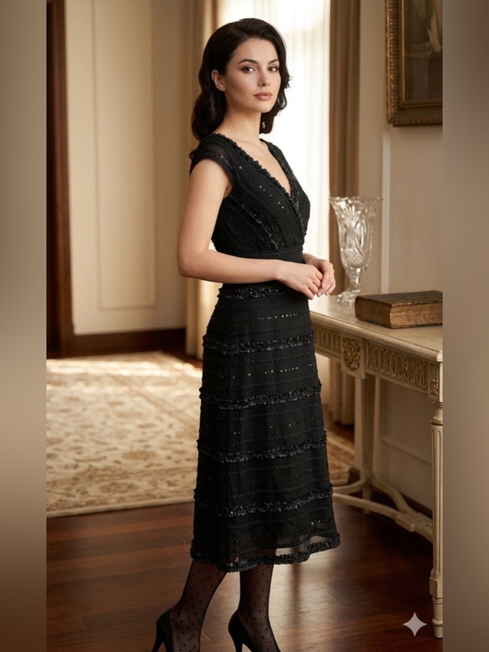Tadashi Shoji Vintage Black Sequin Tiered Ruffle Cocktail WhimsigothDress Size 8